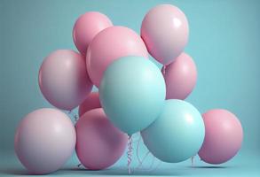 Pink balloons on a pastel blue background. 3d render illustration. Generate Ai photo