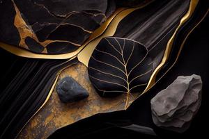Black and Gold natural stone textures composition. Generate Ai. photo