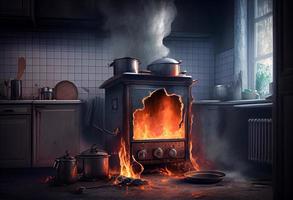 Stove ignited in the modern kitchen during cooking, smoke and soot around, fire at home. Generate Ai photo