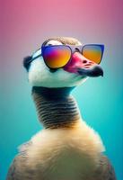Creative animal composition. Goose wearing shades sunglass eyeglass isolated. Pastel gradient background. With text copy space. Generate Ai photo