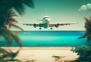 Airplane flying above tropical sea beach , Theme of travel in summer trip , Vacation weekend and tourism.Generate Ai photo