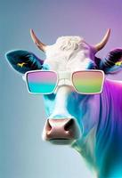 Creative animal composition. Cow wearing shades sunglass eyeglass isolated. Pastel gradient background. With text copy space. Generate Ai photo
