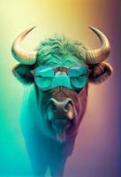 Creative animal composition. Buffalo wearing shades sunglass eyeglass isolated. Pastel gradient background. With text copy space. Generate Ai photo