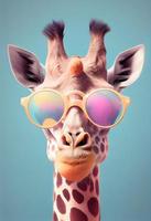 Creative animal composition. Giraffe wearing shades sunglass eyeglass isolated. Pastel gradient background. With text copy space . Generate Ai photo
