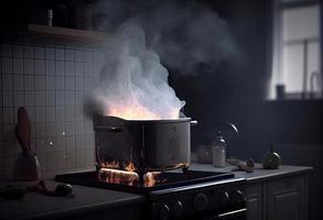 estufa encendido en el moderno cocina durante cocinando, fumar y Hollín alrededor, fuego a hogar. generar ai foto