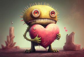 Cute love monster with heart, illustrations. Generate Ai photo