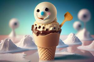 Ice cream in a waffle cup in the shape of a snowman. Generate Ai photo