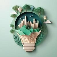 Paper art , renewable energy with green energy as wind turbines , Renewable energy by Carbon neutral energy , Energy consumption and CO2, Reduce CO2 emission concept. Generate Ai photo