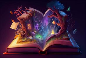 ilustración de un mágico libro ese contiene fantástico cuentos. generar ai foto