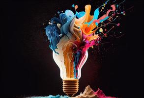 Creative light bulb explodes with splashes of multi-colored paint on a dark background. Generate Ai photo
