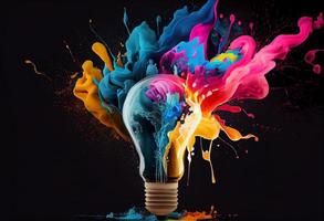 Creative light bulb explodes with splashes of multi-colored paint on a dark background. Generate Ai photo