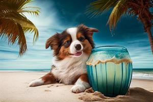 linda perro, disfrutando en el playa con un Coco beber. generar ai foto