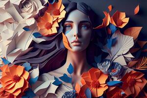 Paper art , Abstract Woman with flowers composition. Generate Ai photo