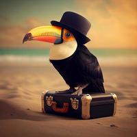 Portrait of a toucan bird on the beach in a hat on top of a travel suitcase. Generate Ai photo