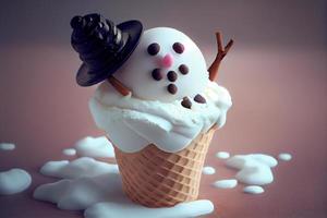 Ice cream in a waffle cup in the shape of a snowman. Generate Ai photo