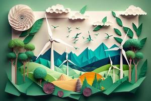 Paper art , renewable energy with green energy as wind turbines , Renewable energy by Carbon neutral energy , Energy consumption and CO2, Reduce CO2 emission concept. Generate Ai photo