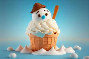 Ice cream in a waffle cup in the shape of a snowman. Generate Ai photo