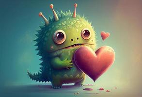 Cute love monster with heart, illustrations. Generate Ai photo