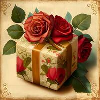 Pretty present with red roses, on bright background. Generate Ai photo