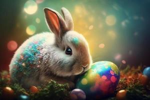 Cute Easter bunny with a colorful Easter egg. Generate Ai photo