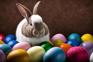 Cute bunny with Easter egg, colorful background. Generate Ai photo