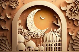 illustration of abstract paper cut mosque, crescent, pattern, window and street for greeting card. Generate Ai. photo