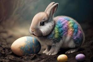 Cute Easter bunny with a colorful Easter egg. Generate Ai photo