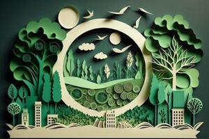 Paper art style , Paper cut of eco city design Green energy concept and environment conservation. Generate Ai photo