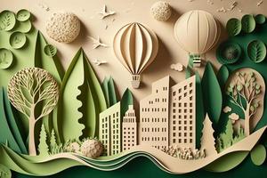 Paper art style , Paper cut of eco city design Green energy concept and environment conservation. Generate Ai photo