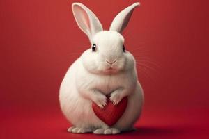 Cute white bunny on a red background, holding a heart. Generate Ai photo