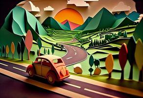 Paper art , Car on a road , one day trip in the summer , Escape from the city with goes on holiday weekend. Generate Ai photo