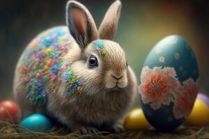 Cute Easter bunny with a colorful Easter egg. Generate Ai photo