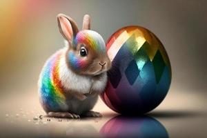 Cute Easter bunny with a colorful Easter egg. Generate Ai photo