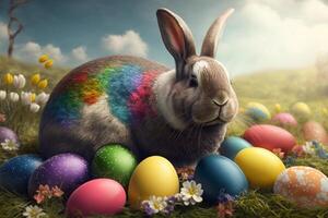 Cute bunny with Easter egg, colorful background. Generate Ai photo