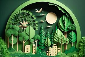 Paper art style , Paper cut of eco city design Green energy concept and environment conservation. Generate Ai photo