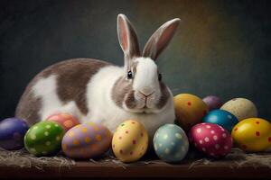 Cute bunny with Easter egg, colorful background. Generate Ai photo