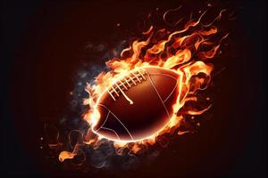 The ball for American football, flies in fire, on a bright background. Generate Ai photo