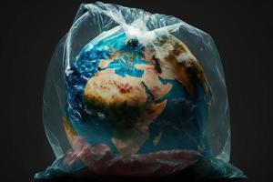 Planet Earth in a plastic bag. Environmental concept. Generate Ai photo