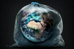 planeta tierra en un el plastico bolsa. ambiental concepto. generar ai foto