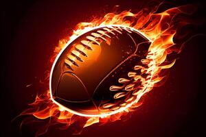 The ball for American football, flies in fire, on a bright background. Generate Ai photo