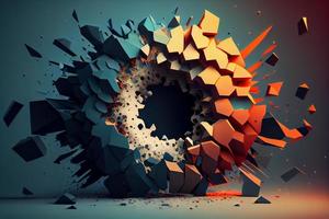 Abstract geometric background. Explosion power design with crushing surface. 3d illustration. Generate Ai photo