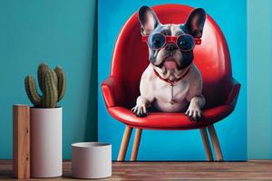 French bulldog dog in round sunglasses sits on a red chair on a blue background. Generate Ai photo