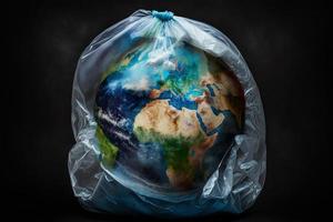 Planet Earth in a plastic bag. Environmental concept. Generate Ai photo