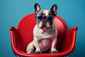 francés buldog perro en redondo Gafas de sol se sienta en un rojo silla en un azul antecedentes. generar ai foto