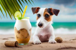 Cute dog - jack Russell terrier, enjoying on the beach with a coconut drink. Generate Ai photo