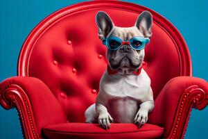 French bulldog dog in round sunglasses sits on a red chair on a blue background. Generate Ai photo