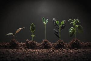 Seedlings growing from the ground , Germinating seeds of various , Growing plants and agriculture concept. Generate Ai photo