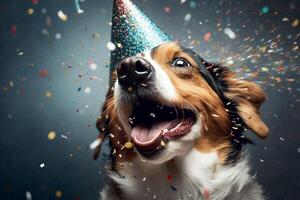 Cute dog with a party hat celebrating her birthday, confetti falling. Generate Ai photo