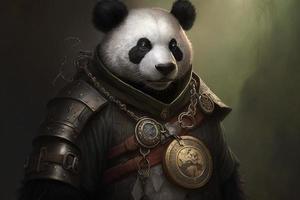 Panda with a steampunk watch lanyard around his neck, protecting a safe. Generate Ai photo