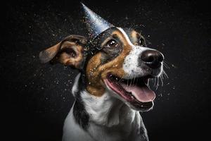 Cute dog with a party hat celebrating her birthday, confetti falling. Generate Ai photo